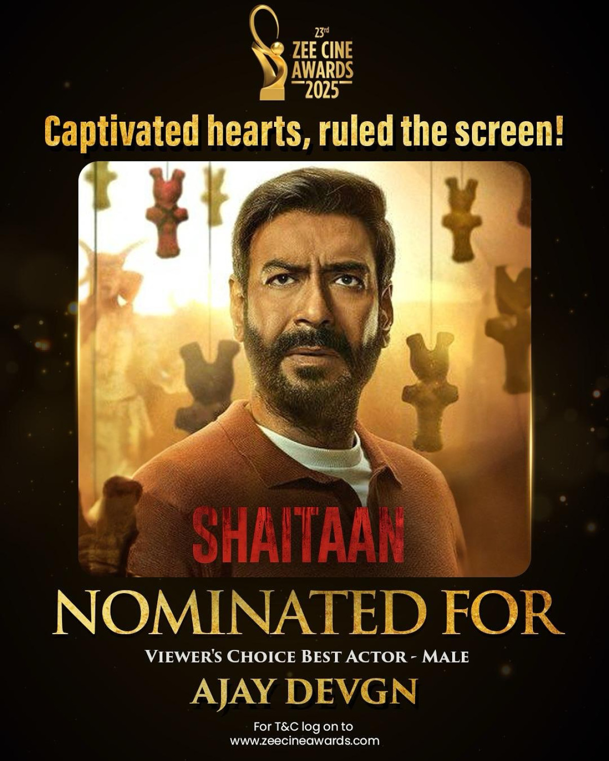 Ajay Devgn’s Shaitaan Performance Steals the Show Devgn Films calls for votes as Ajay Devgn dazzles at the 23rd Zee Cine Awards 2025 stage.