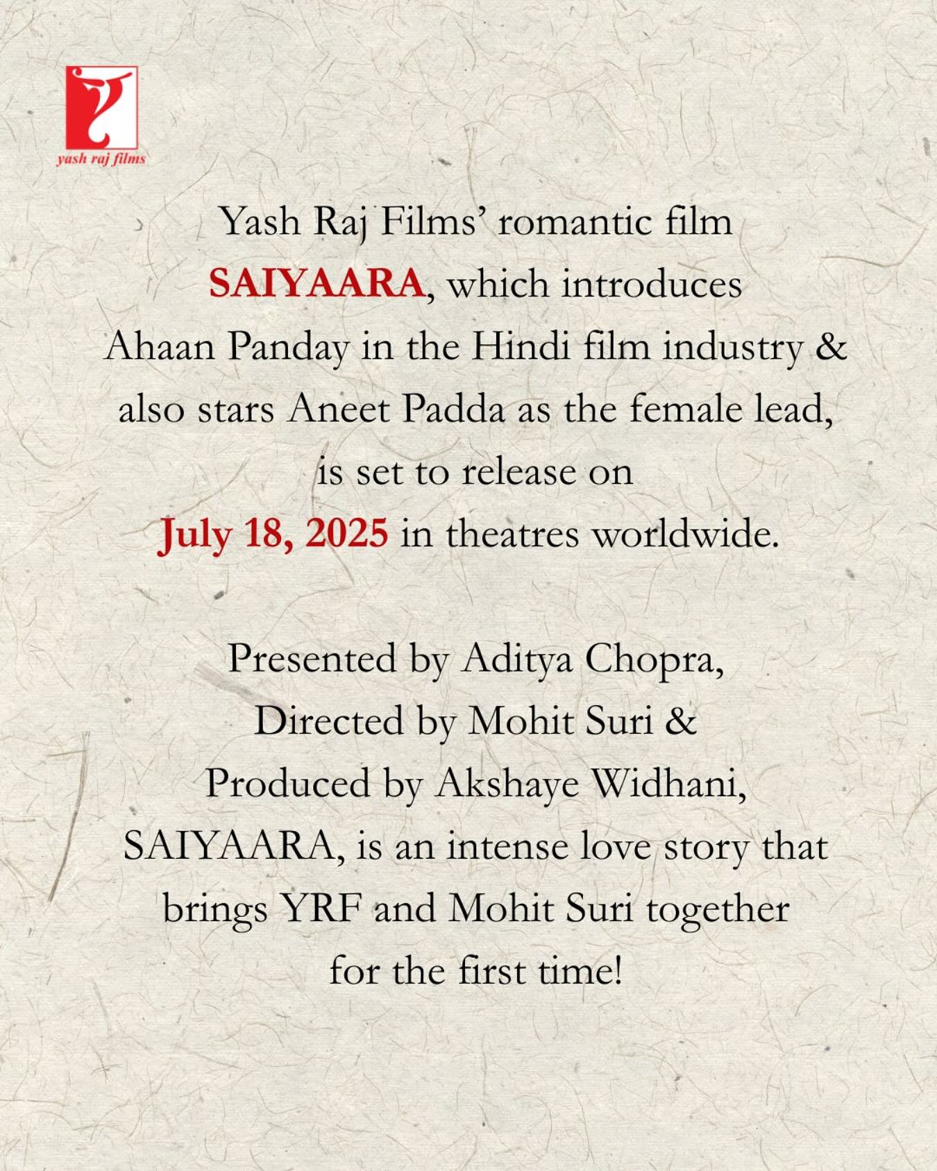 Mohit Suri Teams with YRF for ‘Saiyaara’ Starring Fresh Faces Mohit Suri Announces 'Saiyaara' With Ahaan Panday And Aneet Padda For YRF