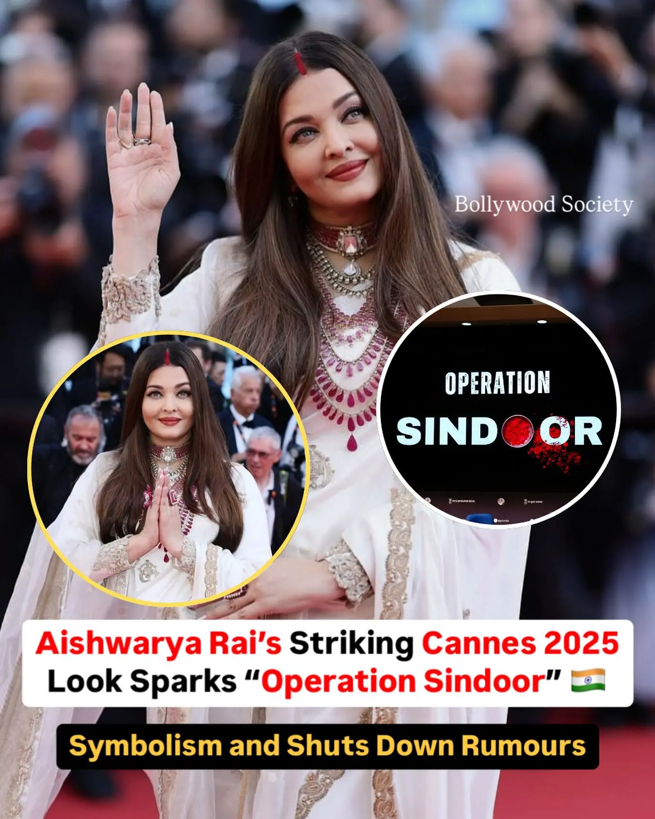 Aishwarya Rai’s Symbolic Cannes Appearance At Cannes, Aishwarya stuns in white saree and red sindoor look, echoing deep national pride.