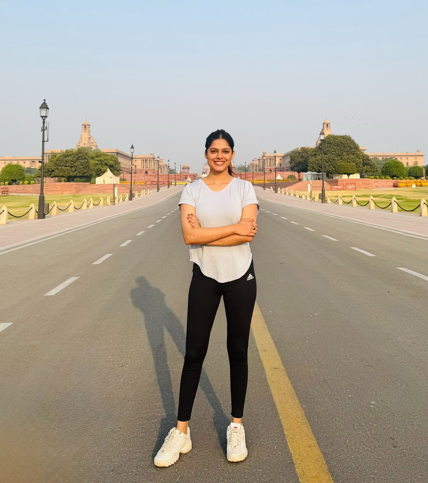 Tv actress and model channels her disciplined NCC past while taking a chic Delhi stroll at dawn.
