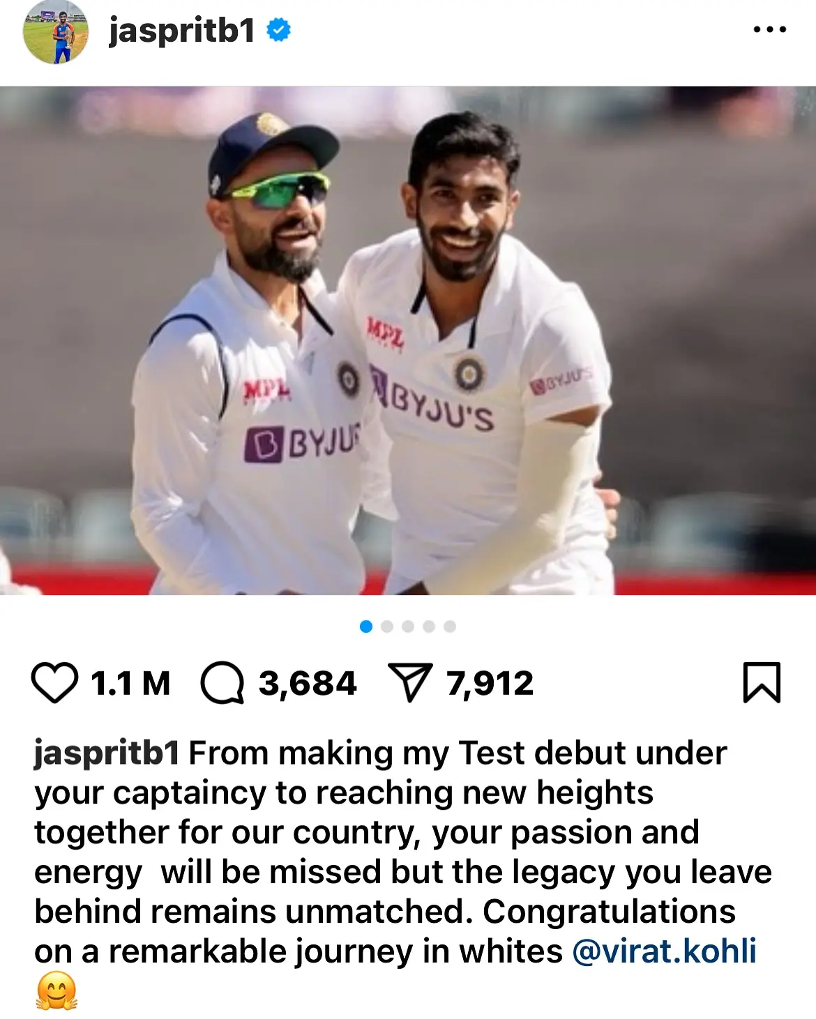 Bumrah Writes Heartfelt Note To Kohli