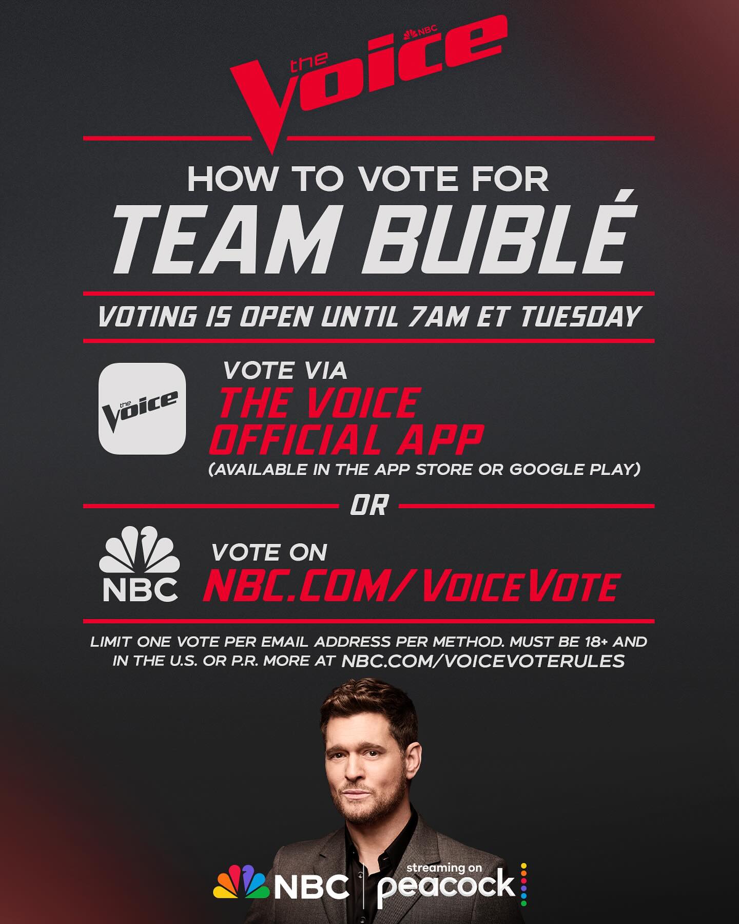 Final Countdown: Vote For Team Bublé Fans urged to vote as Michael Bublé leads his team in a thrilling final countdown rally!!!