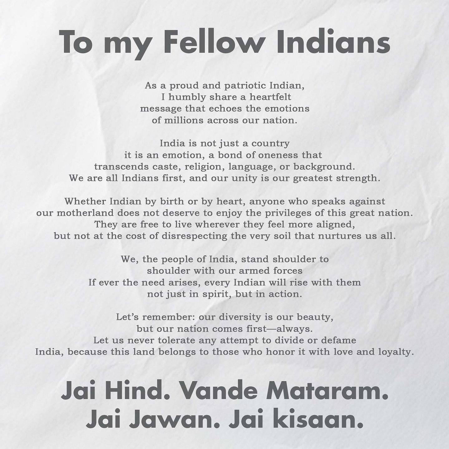 Beloved artist urges our collective spirit, igniting immense pride and unity across India.