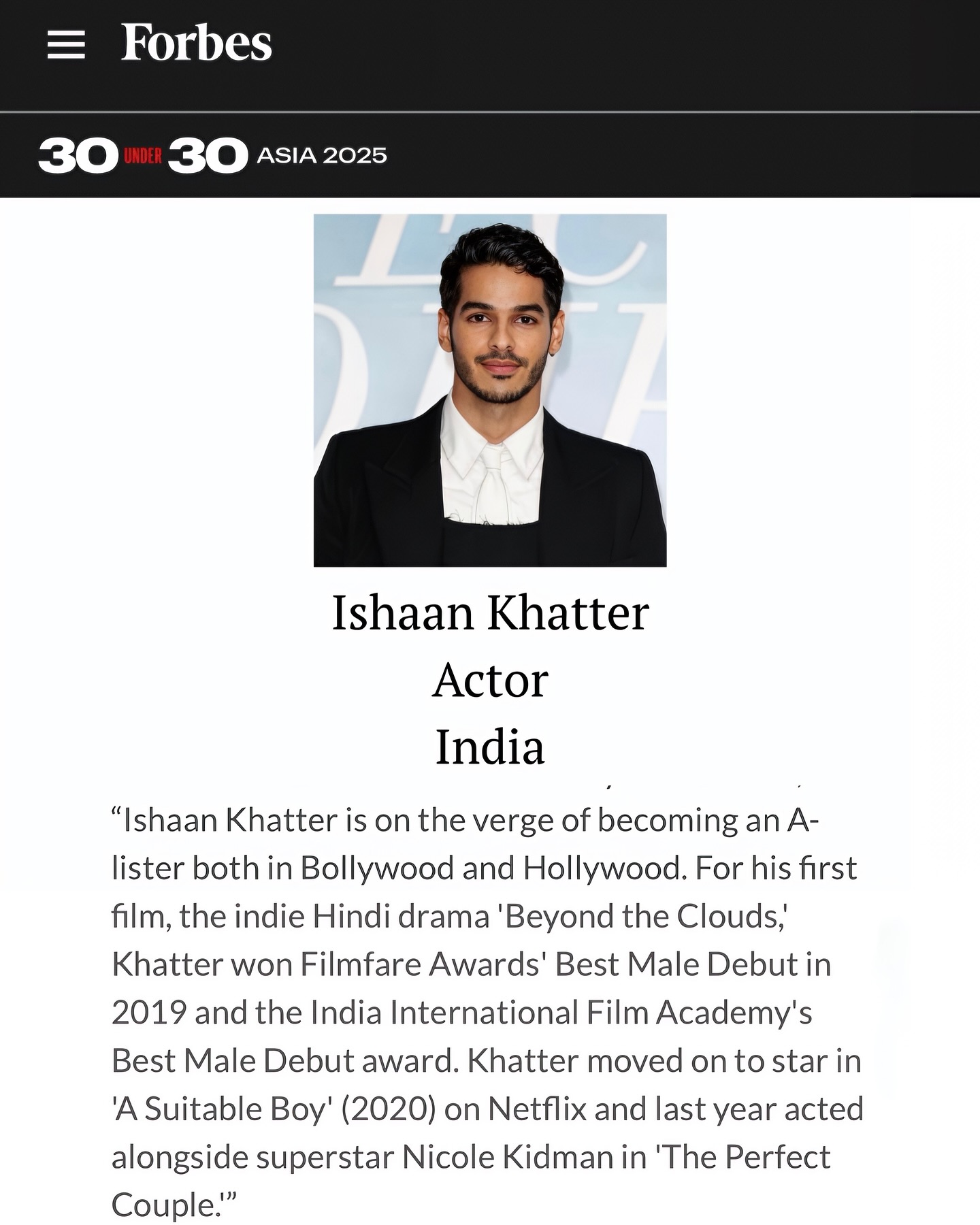Ishaan Khatter Honoured By Forbes Recognition Acclaimed actor expresses thanks for Forbes nod while humorously flirting with age criteria!!