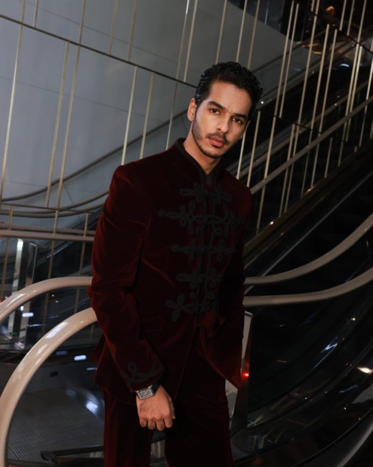 Ishaan Stuns In Bordeaux Velvet Bandhgala The custom couture look merges tradition with modern flair and sophisticated craftsmanship.