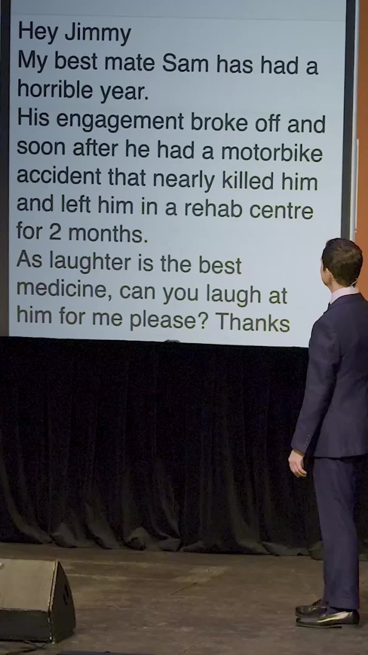 Jimmy Carr recounts his mate Sam's difficult year with humor, wit, and sharp crowd banter.