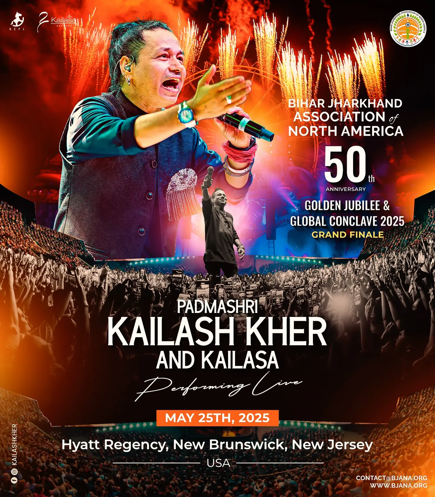 Kailash Kher Lights Up BJANA Anniversary Hyatt Regency hosts May 25, 2025 concert in New Brunswick; Kailash Kher sparks soul vibes.