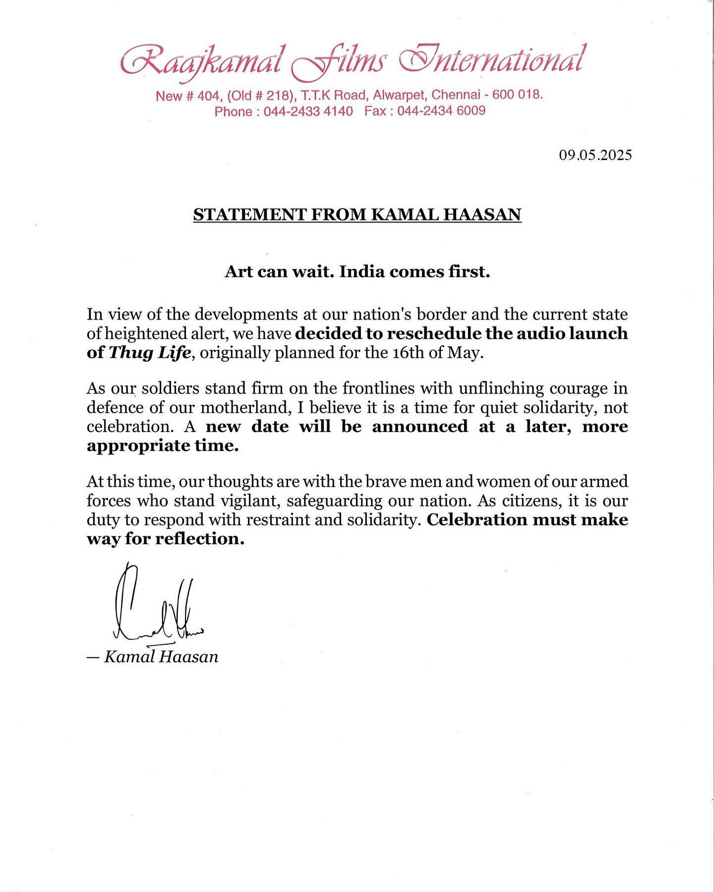 Kamal Haasan Postpones Thug Life Audio Launch