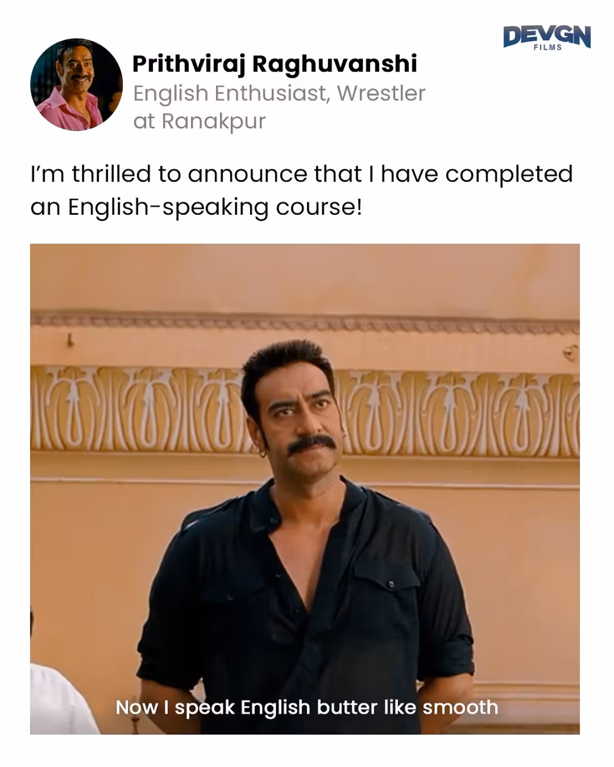 Devgn Films icons strike bold pose on LinkedIn, merging professionalism with wit daily!