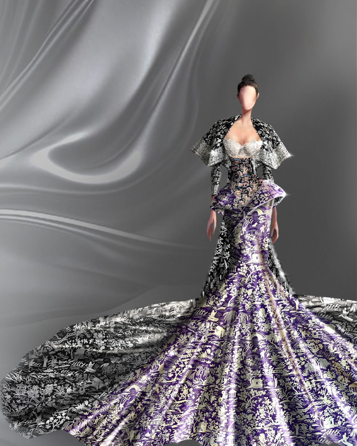 Custom couture in vintage Gara sarees and pearlwork: heritage meets bold, modern artistry.
