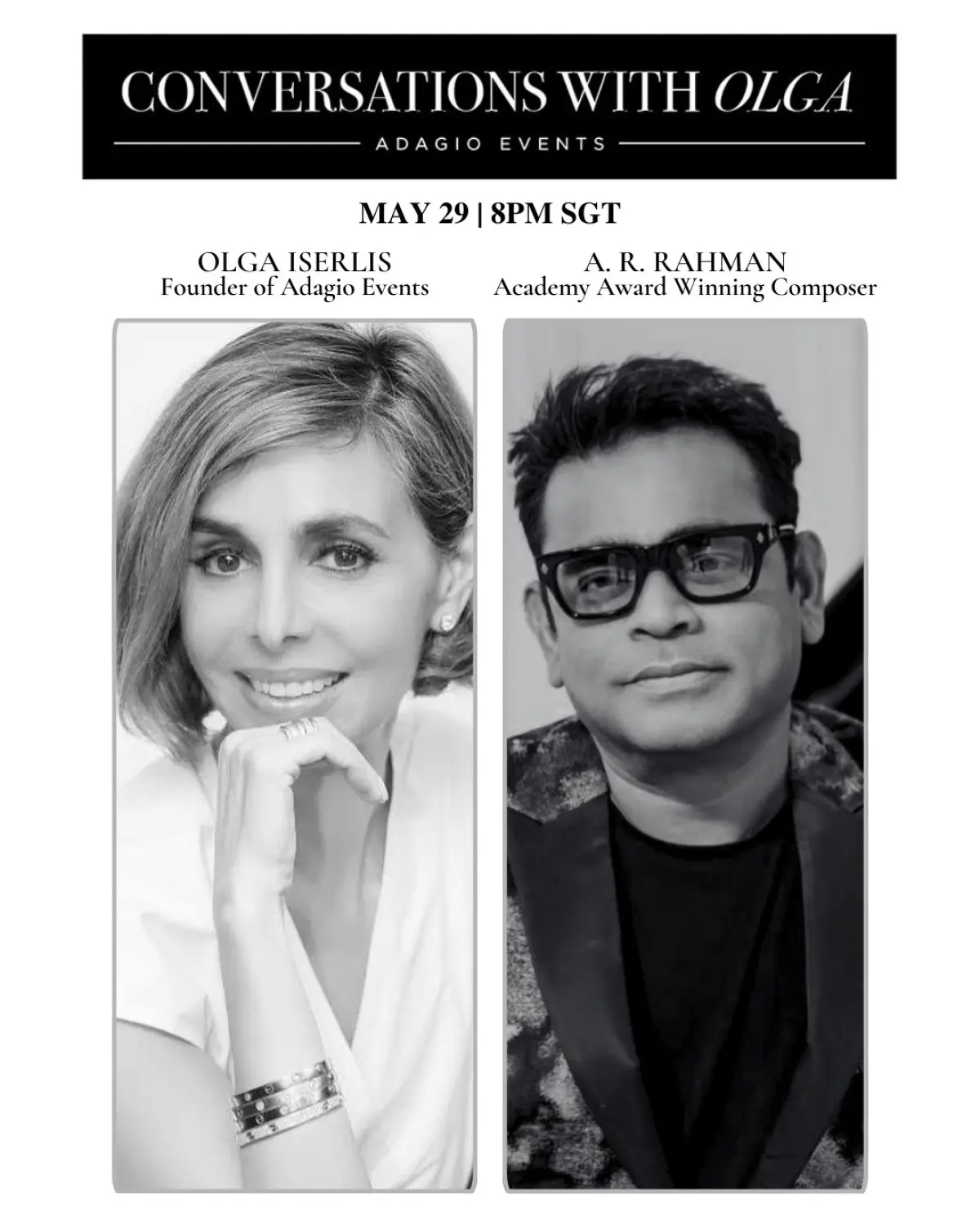 Rahman Joins Conversations With Olga Live Global music icon A. R. Rahman to share his legendary journey and insights in a live chat!