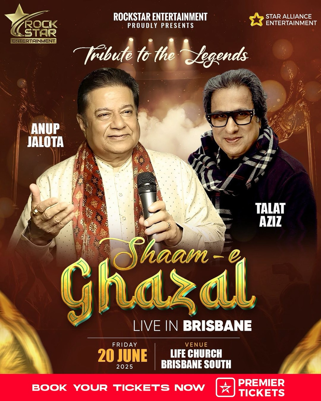 Shaam E Ghazal Live In Brisbane Experience an enchanting evening of soulful ghazals with legends Anup Jalota & Talat Aziz!