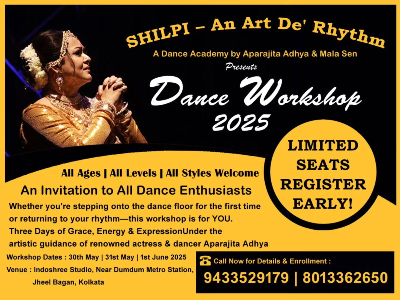 Shilpi & Art the Rhythm Dance Workshop 2025 Experience three days of rhythmic dance sessions, limited seats, and inspiring moves. Now!