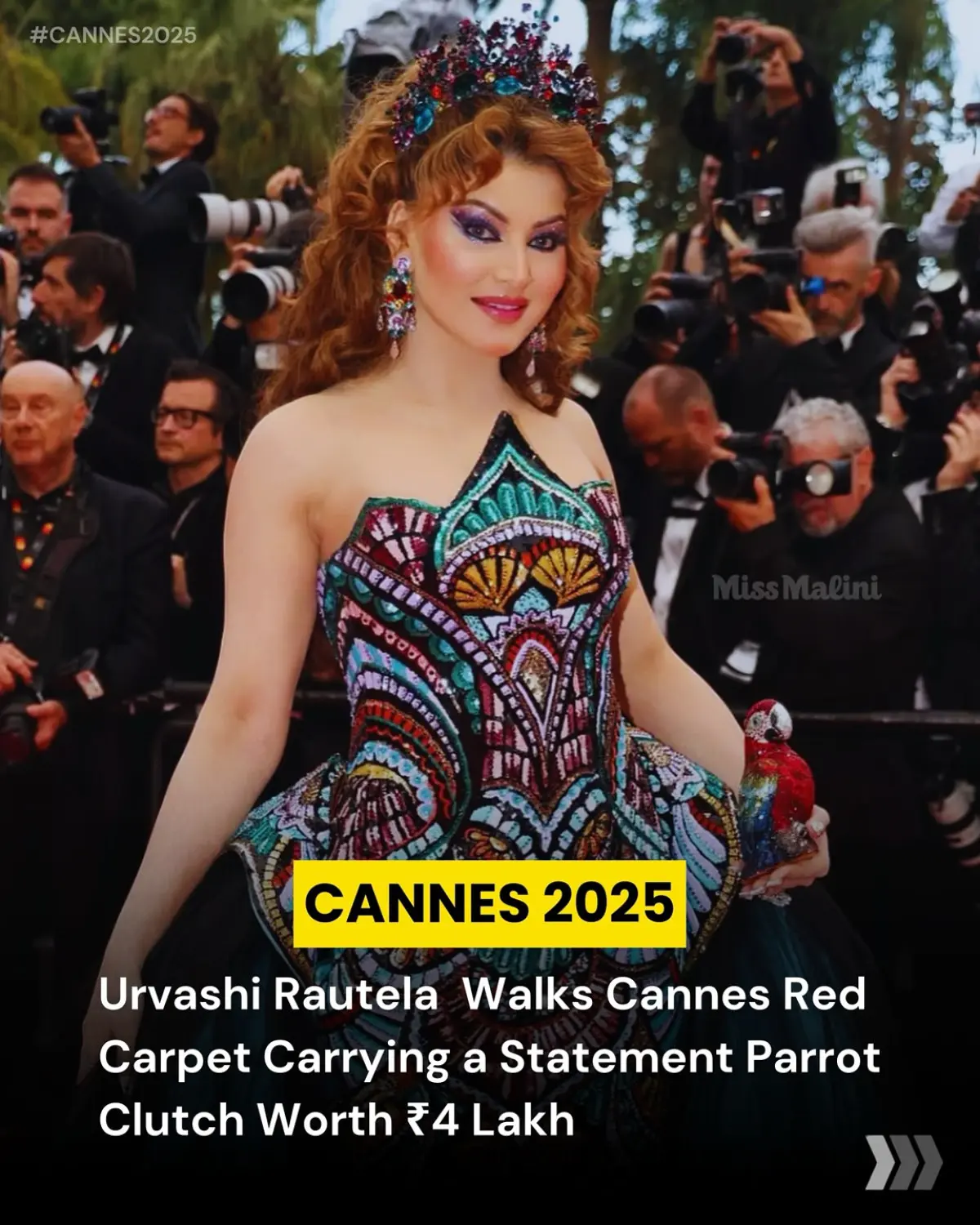 Cannes sparkled as Urvashi Rautela captivated in a vivid outfit, tiara, parrot clutch!!!