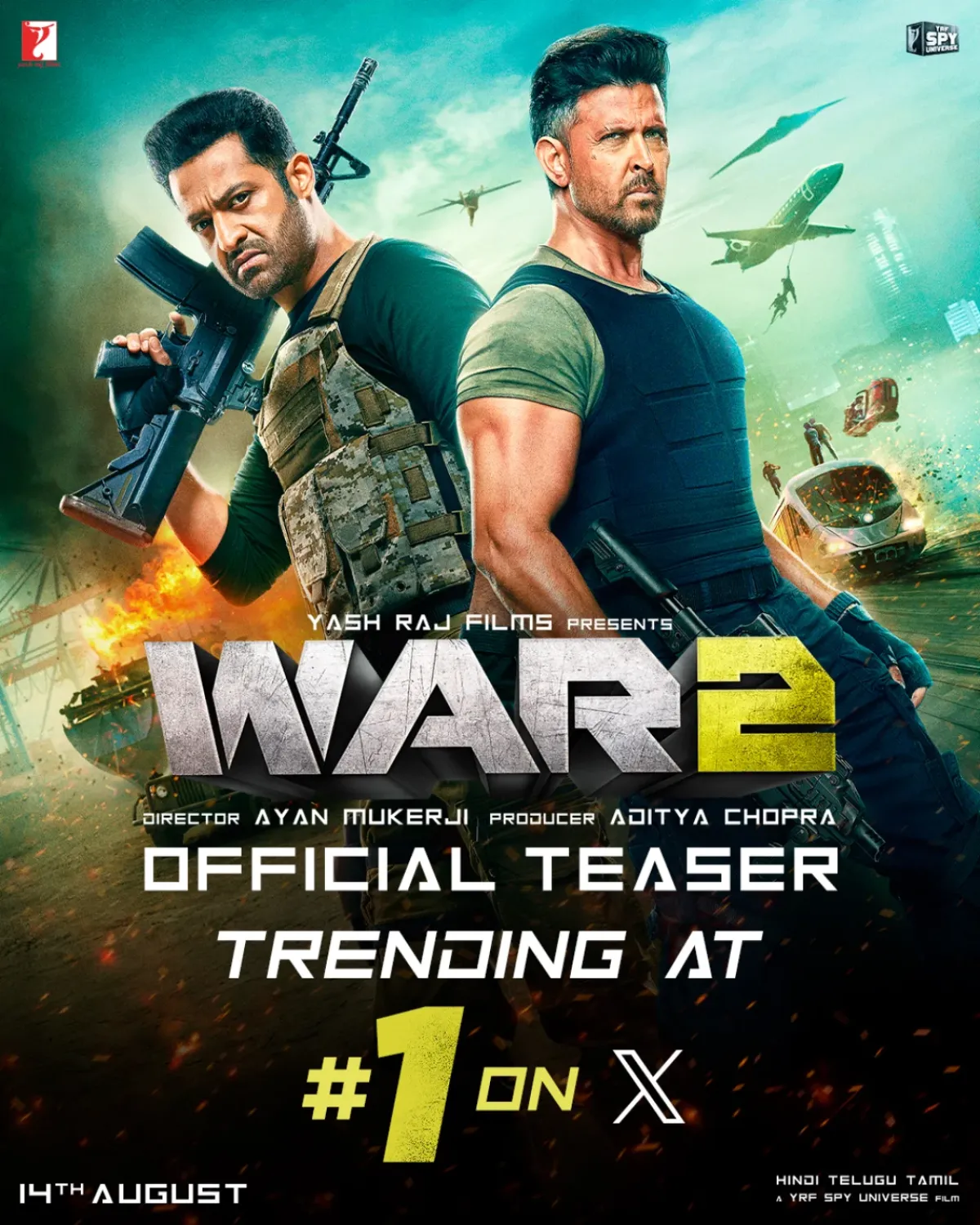 War2 Teaser Tops Trending on X Top spy teaser with Hrithik, Kiara & Ayan launching 14th August in Hindi, Telugu & Tamil!!