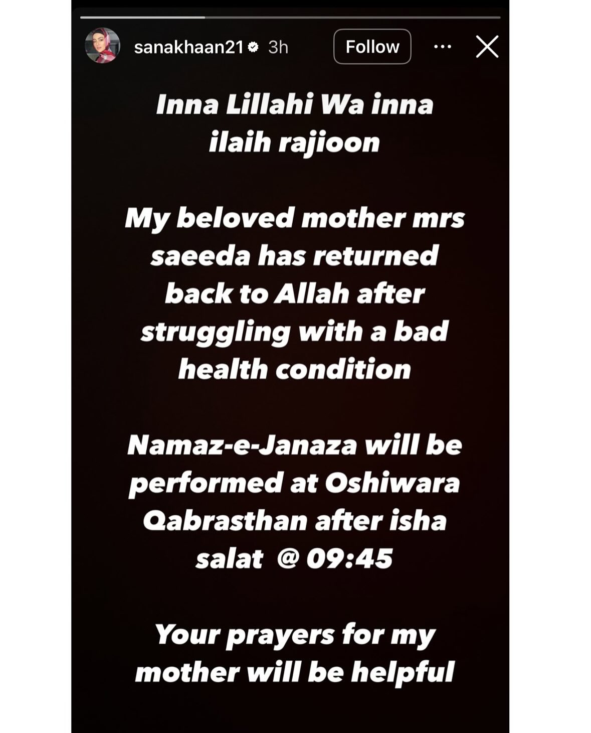 Sana Khan Mourns Loss Of Her Mother