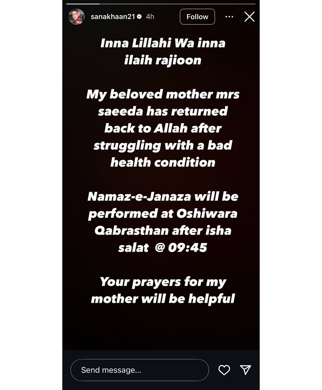 Sana Khan Mourns Loss Of Mother