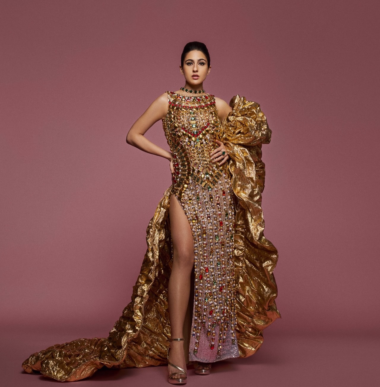 Byzantine Radiance: Sara Ali Khan Dazzles Hand-embroidered gown and ruffled Gota shrug fuse tradition with bold modern glamour now!!